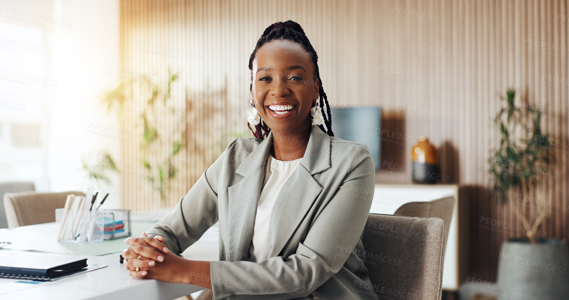 Buy stock photo Portrait, smile or black woman in firm with pride, about us or job goals in finance industry. Happy, corporate or analyst in workplace with confidence, career growth or experience in risk management