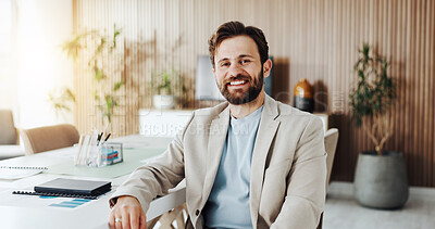 Buy stock photo Portrait, smile or man in boardroom with pride, about us or job goals in finance industry. Happy, corporate or analyst in office with confidence, career growth or experience in risk management.