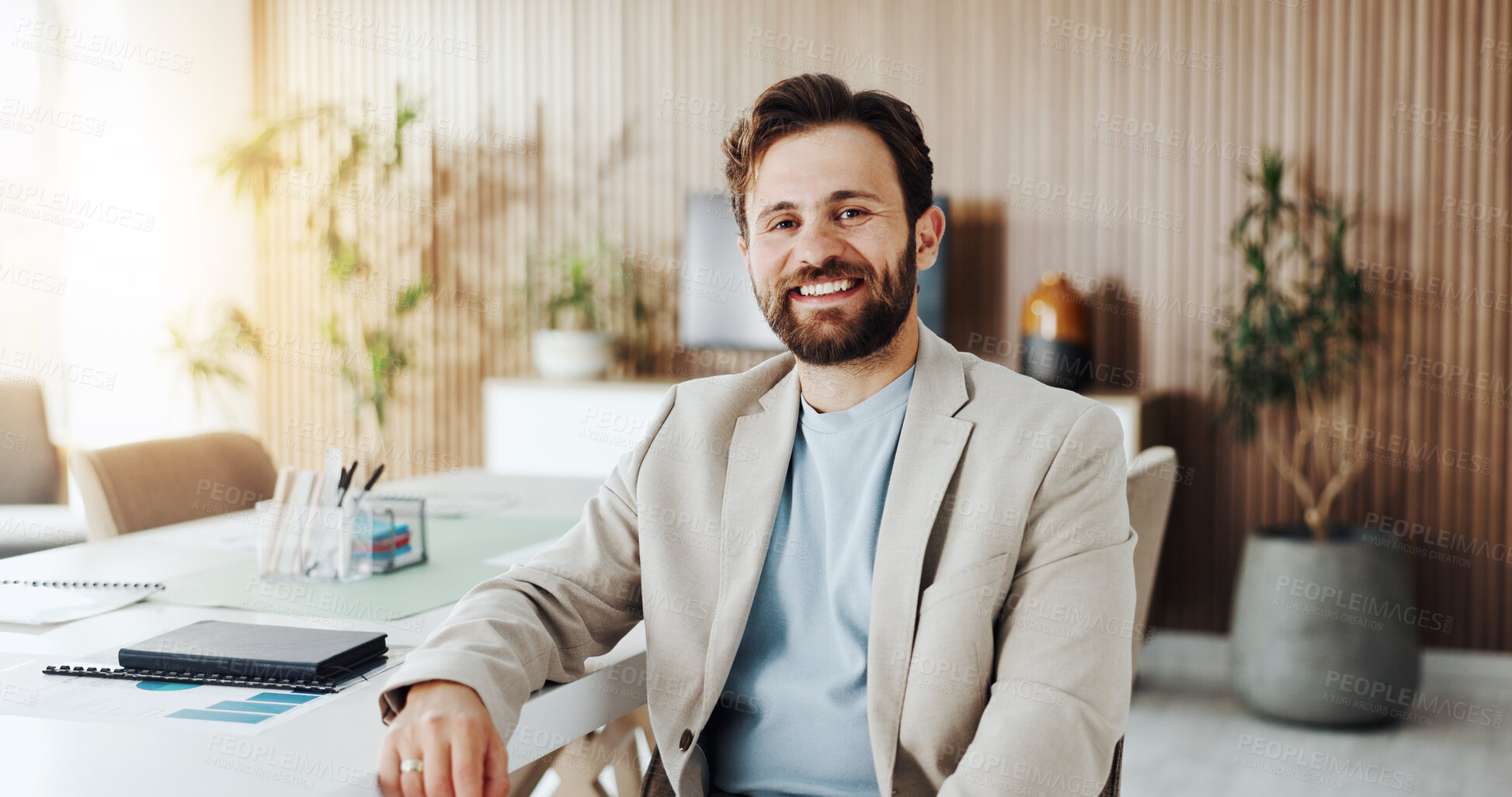 Buy stock photo Portrait, smile or man in boardroom with pride, about us or job goals in finance industry. Happy, corporate or analyst in office with confidence, career growth or experience in risk management.