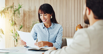 Buy stock photo Business, woman and meeting with document in office for planning, finance report and contract. People, team and paperwork with company budget, financial expenses and information for funding proposal