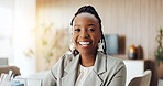 Employee, portrait and woman with smile, office and financial analyst with career growth or ambition. Happy, black person and confident for wealth management, space or business development in Nigeria