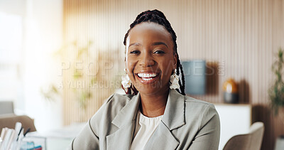 Buy stock photo Employee, portrait and woman with smile, office and financial analyst with career growth or ambition. Happy, black person and confident for wealth management, space or business development in Nigeria