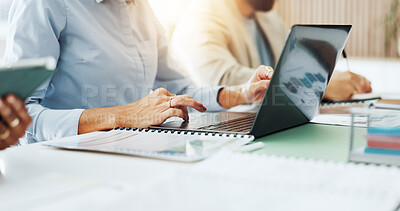 Buy stock photo Hands, laptop and meeting with business woman in office boardroom for collaboration or planning. Computer, typing and workshop with employee person at desk in workplace for project management