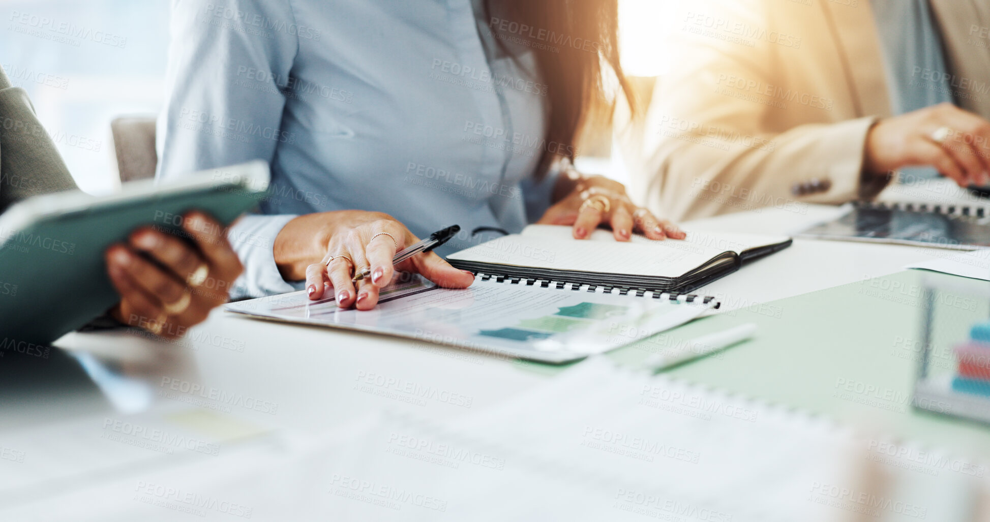 Buy stock photo Documents, hands and meeting with business person in office boardroom for collaboration or planning. Folder, notebook and workshop with employee at desk in workplace for agenda or project management