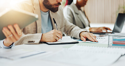 Buy stock photo Hands, meeting and writing with business man in office boardroom for collaboration or planning. Notebook, pen and workshop with employee person at desk in workplace for project management or schedule