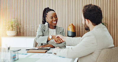 Buy stock photo Business, people and handshake in office with smile, b2b investment deal and financial agreement. Happy, coworkers and shaking hands in workplace with funding contract, finance partnership or thanks.