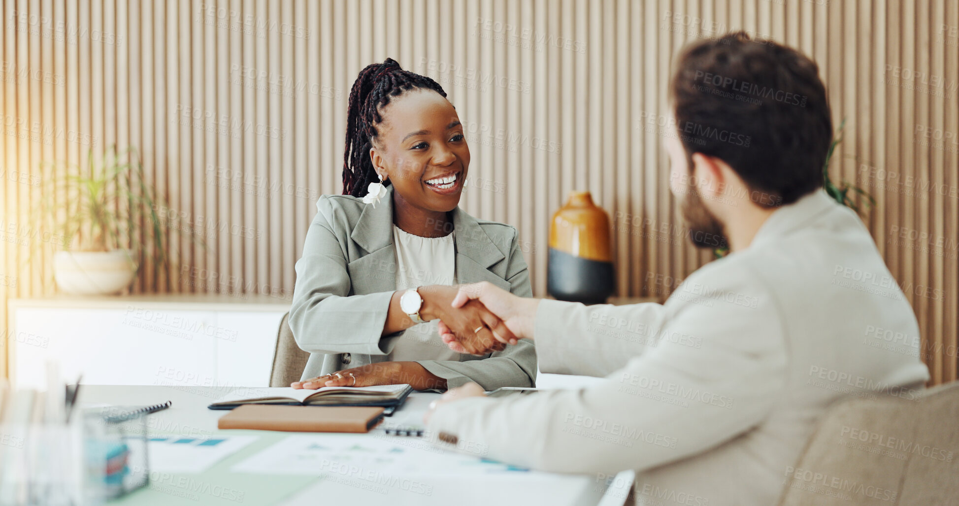 Buy stock photo Business, people and handshake in office with smile, b2b investment deal and financial agreement. Happy, coworkers and shaking hands in workplace with funding contract, finance partnership or thanks.