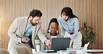 Laptop, talking and teamwork with business group in office together for feedback, report or review. Collaboration, computer and conversation with employee people in workplace for project management
