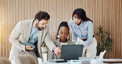Buy stock photo Laptop, talking and teamwork with business group in office together for feedback, report or review. Collaboration, computer and conversation with employee people in workplace for project management