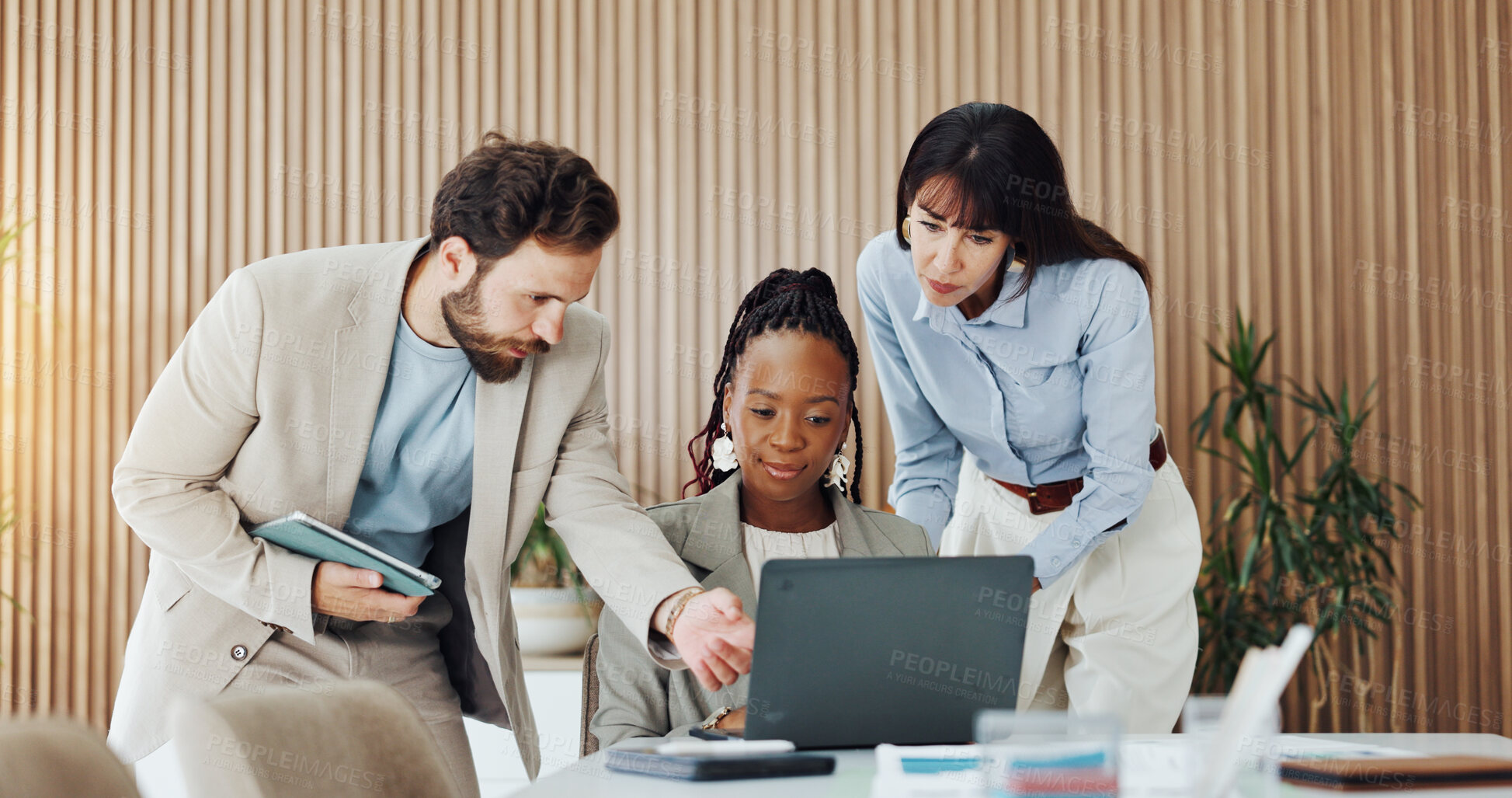 Buy stock photo Laptop, talking and teamwork with business group in office together for feedback, report or review. Collaboration, computer and conversation with employee people in workplace for project management
