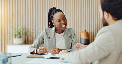 Buy stock photo Happy, woman and meeting in office with coworker, financial advice or feedback for business growth. People, smile and discussion in workplace with development proposal, collaboration or finance idea.