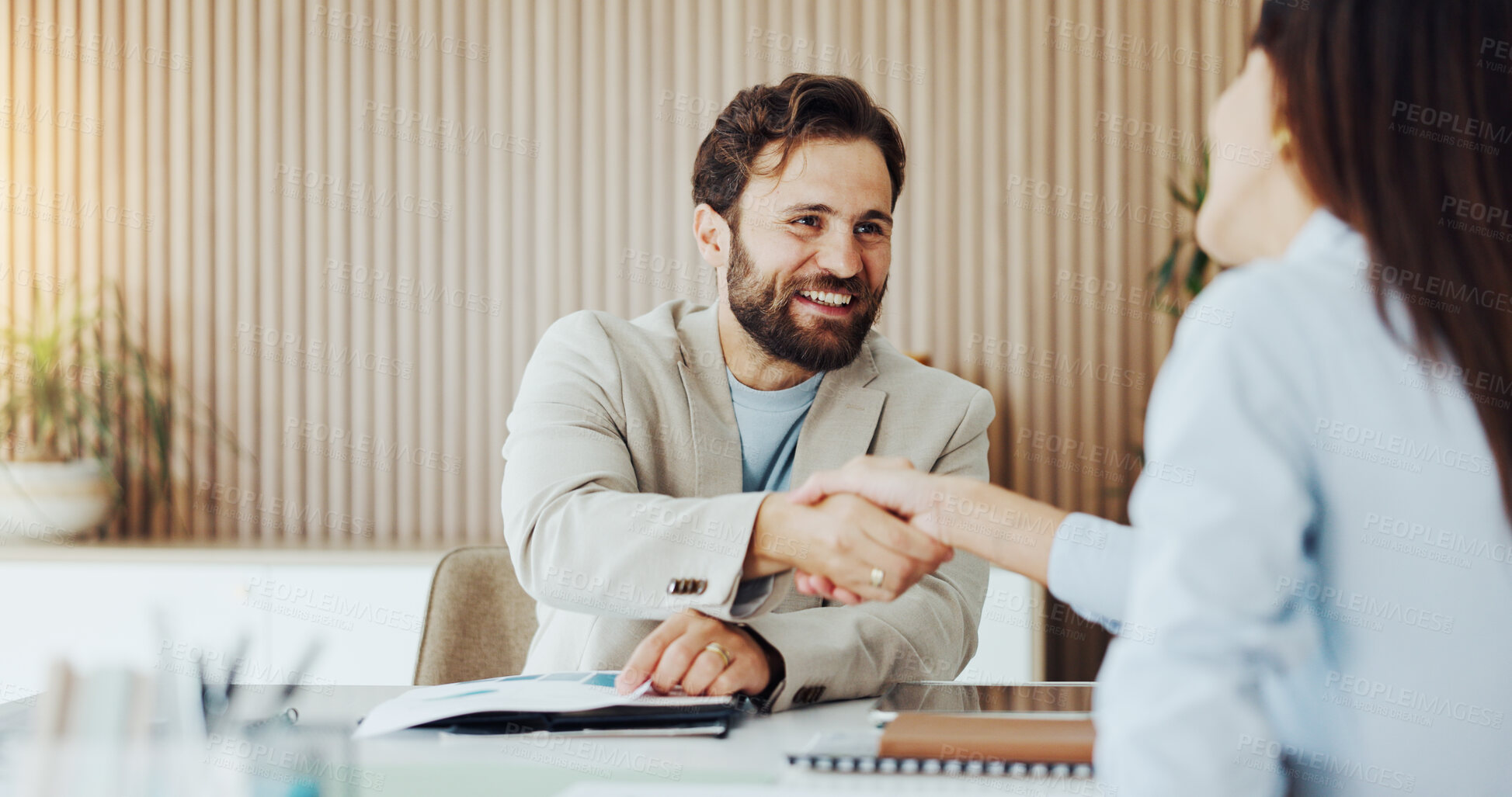 Buy stock photo Happy, business people and agreement with handshake for partnership, introduction or hiring in office. Businessman, woman or colleagues shaking hands with smile for b2b, meeting or job recruiting