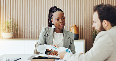 Buy stock photo Business, people and paperwork in office with data analysis, discussion and forecast for profit growth. Team, talk and document in workplace with statistics, graphs and proposal for revenue increase.