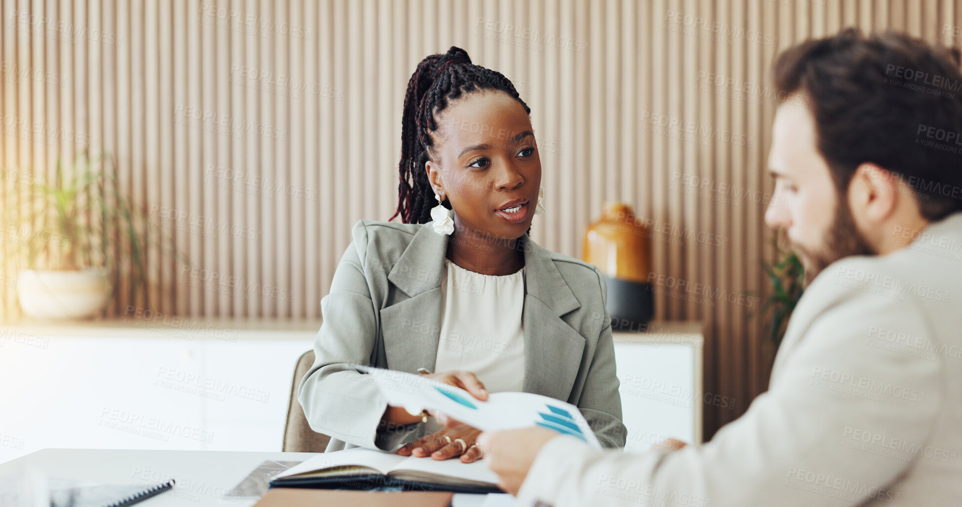 Buy stock photo Business, people and paperwork in office with data analysis, discussion and forecast for profit growth. Team, talk and document in workplace with statistics, graphs and proposal for revenue increase.