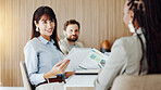 Finance, b2b or people in boardroom with paper, funding ideas or budget pitch in partnership meeting. Brief, investor or analyst with document, report review or proposal update in collaboration plan.