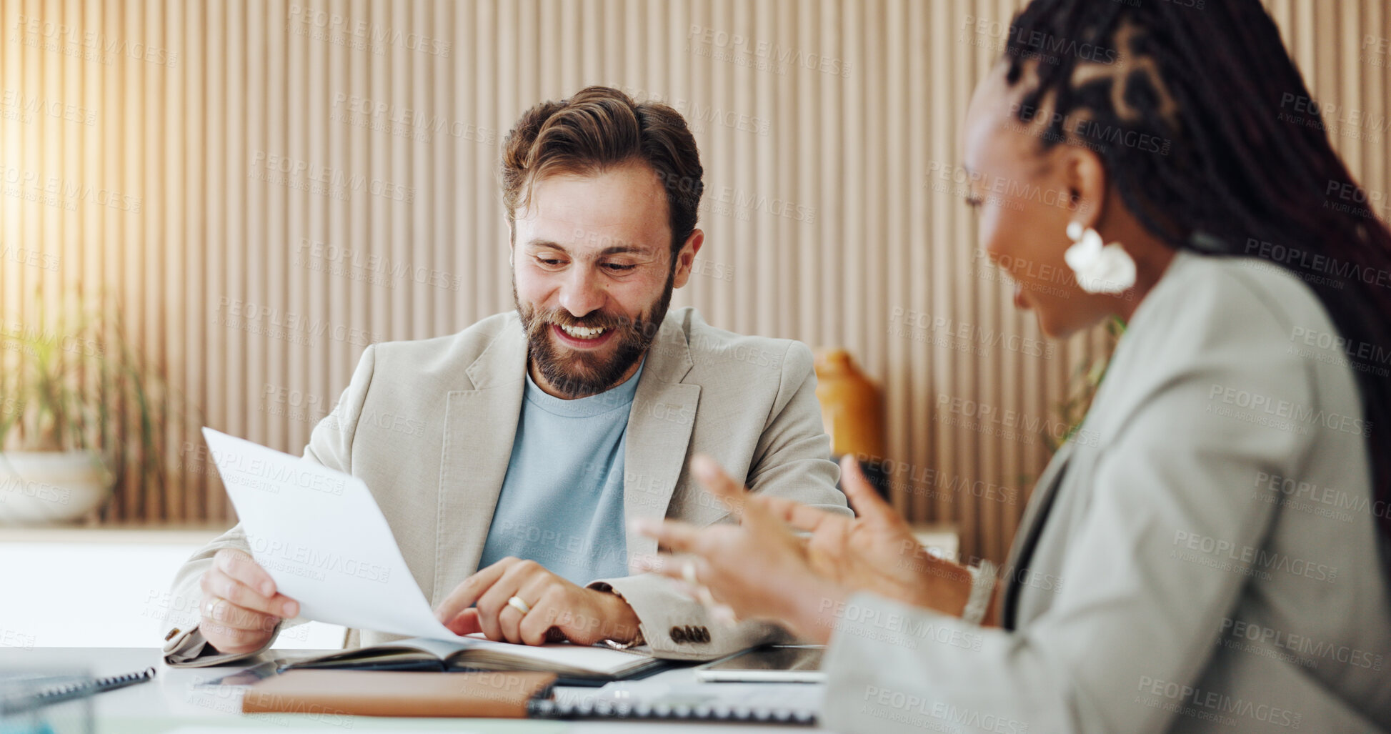 Buy stock photo Business, people and reading with document in office for planning, finance report and contract. Team, talking and paperwork for company budget, financial expenses and information for funding proposal