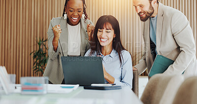 Buy stock photo Laptop, team or excited with fist pump at agency for ad pitch approval, results or good news. Digital marketing manager, people or tech to celebrate for campaign launch, success or ROI performance