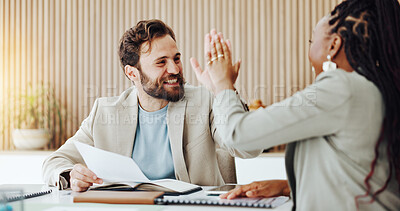 Buy stock photo Documents, man or team with high five in office for campaign success, results or good news. Excited, marketing manager or woman with celebration for market growth, ad performance or positive feedback