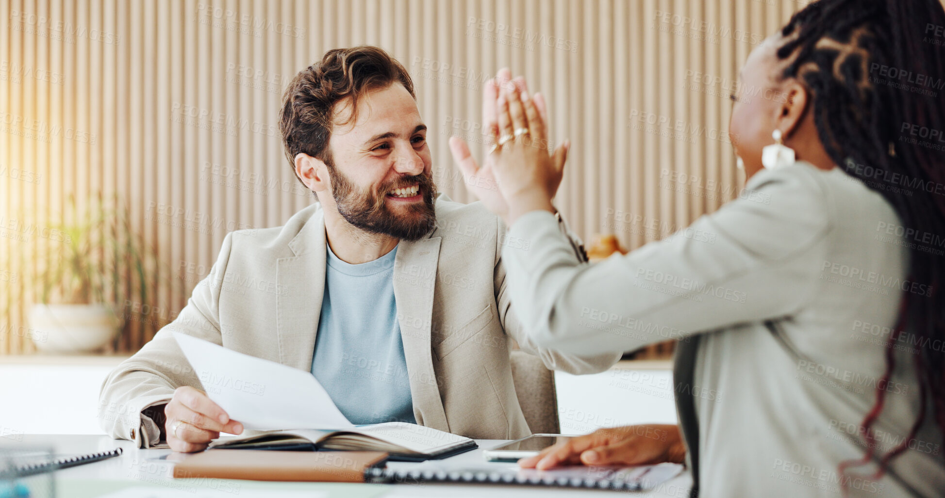 Buy stock photo Documents, man or team with high five in office for campaign success, results or good news. Excited, marketing manager or woman with celebration for market growth, ad performance or positive feedback