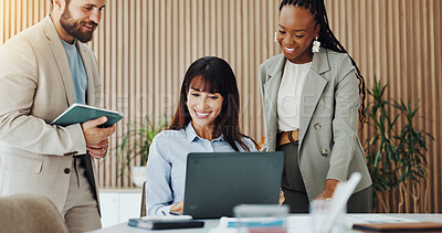 Buy stock photo Meeting, laptop and business people in office with project management, collaboration and creative for publishing. Discussion, tech and editor with manager for feedback, review or advice in workplace