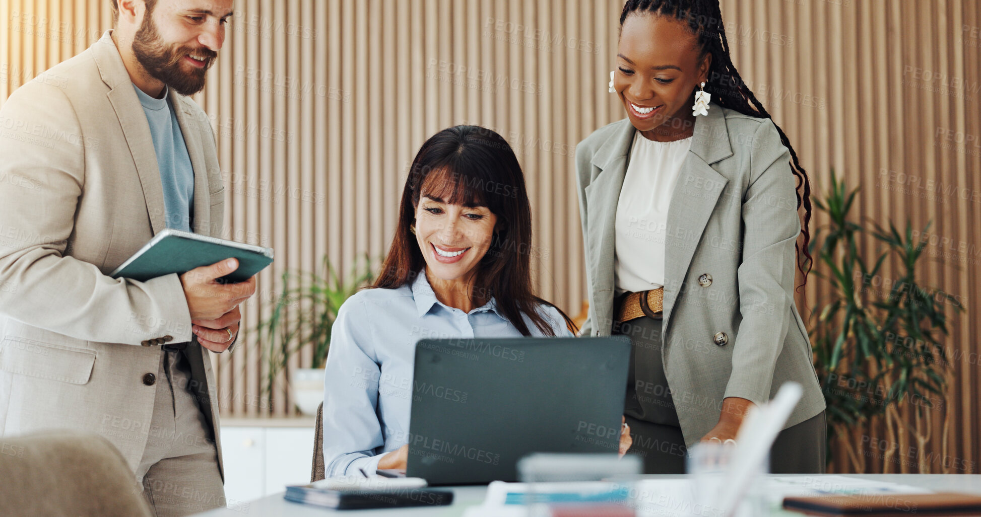 Buy stock photo Meeting, laptop and business people in office with project management, collaboration and creative for publishing. Discussion, tech and editor with manager for feedback, review or advice in workplace