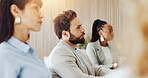 Audience, meeting and workshop with business man in boardroom for development or education. Attention, concentration and listening with corporate employee in office for seminar or upskill training