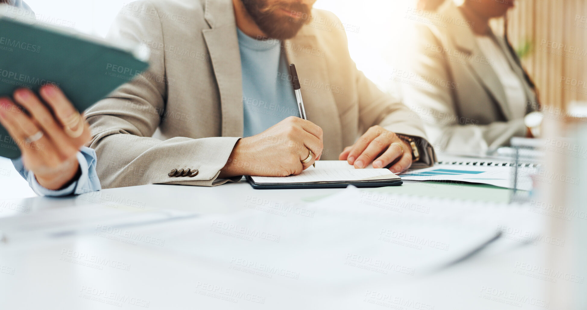 Buy stock photo Hands, workshop and writing with business person in office boardroom for collaboration or planning. Meeting, notebook and pen with employee at desk in workplace for project management or schedule