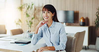 Buy stock photo Portrait, smile or woman in office with confidence, about us or job in finance industry. Happiness, corporate or mature analyst in boardroom with pride, career growth or experience in risk management