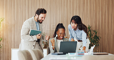 Buy stock photo Laptop, team and happy with fist pump at agency for ad pitch approval, results or good news. Digital marketing manager, excited people or tech with celebration for campaign success or ROI performance