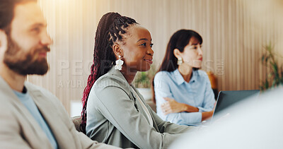 Buy stock photo Audience, listening and meeting with business woman in boardroom for development or education. Attention, happy and workshop with corporate employee at table in office for seminar or upskill training