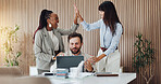 Laptop, team or excited with high five in office for campaign success, results or good news. Digital marketing manager, people and tech with celebration for pitch approval, brand performance or goals