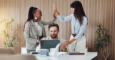 Buy stock photo Laptop, team, or excited with high five in office for campaign success, results or good news. Digital marketing manager, people and tech with celebration for pitch approval, brand performance or goals