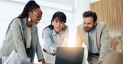 Buy stock photo Happy, group and meeting with laptop, office and planning for investment proposal or risk assessment. Flare, wealth management and people with tech for financial analysis, smile and collaboration