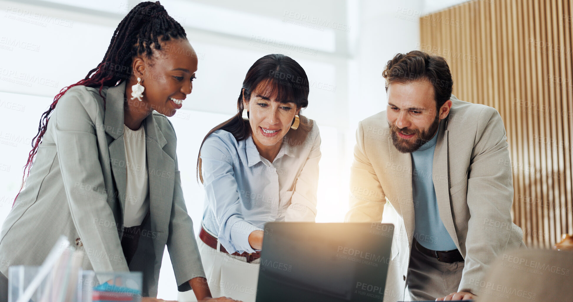 Buy stock photo Happy, group and meeting with laptop, office and planning for investment proposal or risk assessment. Flare, wealth management and people with tech for financial analysis, smile and collaboration