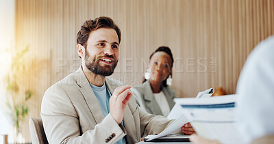 Buy stock photo Businessman, people and talk in office with paperwork, advice and idea proposal for financial growth. Team, discussion or meeting in workplace with report, review or finance plan for income increase.