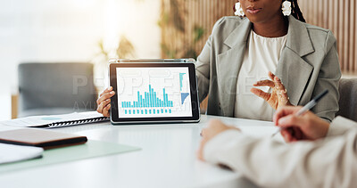 Buy stock photo Hands, presentation and tablet screen with financial employee in office boardroom for data review. App, finance graphs and statistics with business person at desk in workplace for feedback or pitch