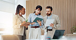 Team, talking and people with tablet, office and research for investment opportunity and discussion. Flare, wealth management and group with tech for financial analysis and meeting with paperwork