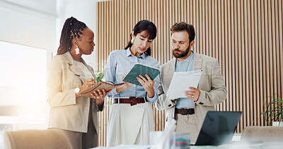 Buy stock photo Team, talking and people with tablet, office and research for investment opportunity and discussion. Flare, wealth management and group with tech for financial analysis and meeting with paperwork