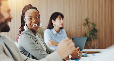 Buy stock photo Audience, laughing and meeting with business woman in boardroom for development or education. Attention, funny and listening with corporate employee at table in office for seminar or upskill training