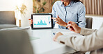 Hands, presentation and tablet screen with financial advisor in office boardroom for data review. App, finance charts and statistics with business person at desk in workplace for feedback or pitch