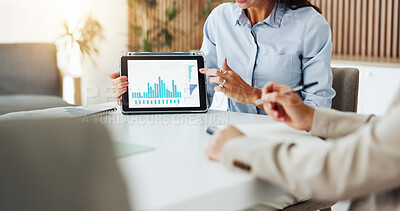 Buy stock photo Hands, presentation and tablet screen with financial advisor in office boardroom for data review. App, finance charts and statistics with business person at desk in workplace for feedback or pitch