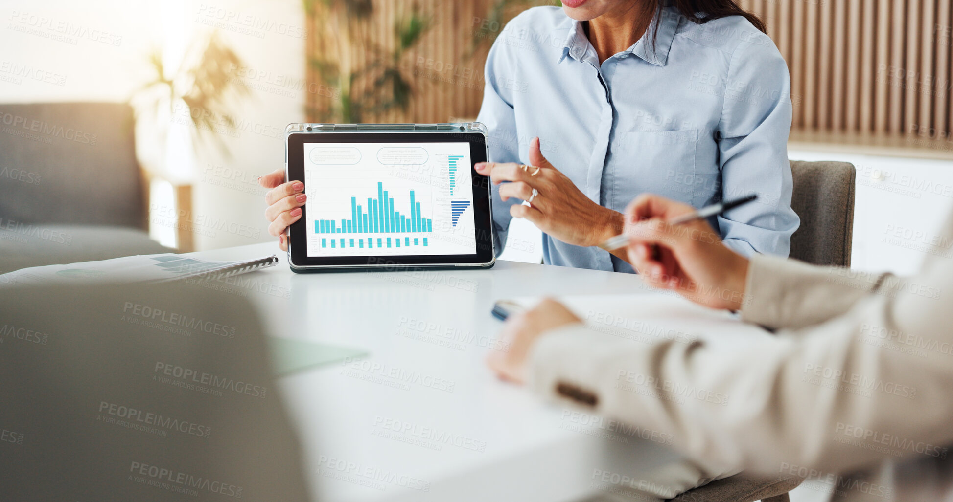 Buy stock photo Hands, presentation and tablet screen with financial advisor in office boardroom for data review. App, finance charts and statistics with business person at desk in workplace for feedback or pitch