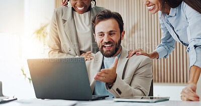 Buy stock photo Excited, man and team with laptop in meeting for campaign launch success, good news or update. Tech, people and happy male manager in digital marketing for ad performance, positive feedback and goals