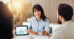 Business, woman or tablet with chart in meeting for team performance review or statistics in office. Female person, employee or discussion with group, technology or graph for data, revenue or profit