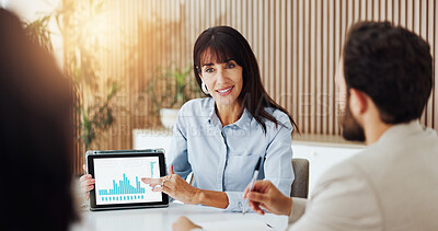 Buy stock photo Business, woman or tablet screen with chart in meeting for team performance review or statistics. Female person, analyst or discussion with group, technology or graph for data, revenue or profit
