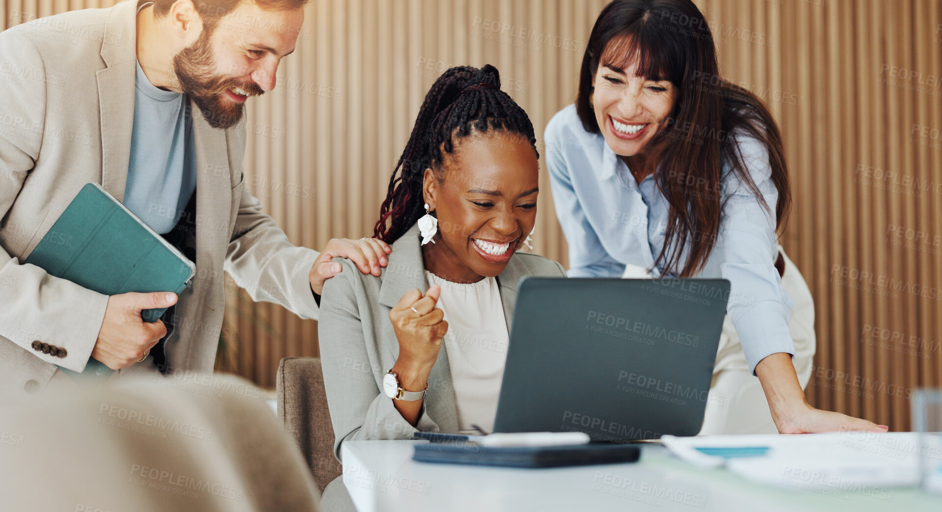 Buy stock photo Laptop, team or excited with fist pump in office for campaign success, results or good news. Digital marketing manager, people and tech with celebration for market growth, brand performance and goals