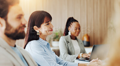 Buy stock photo Happy, woman and listening in office, meeting and discussion for financial growth and collaboration. People, smile and business development with budget review, speech and teamwork with colleagues