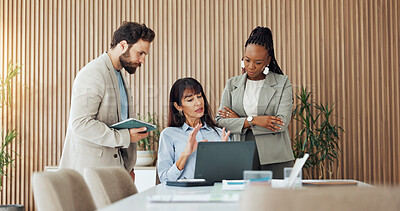 Buy stock photo Meeting, laptop and business people in office with creative, project management and collaboration for publishing. Discussion, tech and editors with manager for feedback, review or advice in workplace