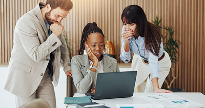 Buy stock photo Business, people and stress in office with laptop, data analysis mistake or manager disappointment. Team, worry or shock in workplace with computer, management review or meeting for statistics error.