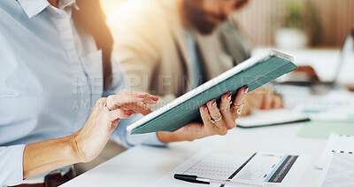 Buy stock photo Hands, meeting and tablet with business person in office boardroom for collaboration or planning. App, scrolling and workshop with employee at desk in workplace for project management or schedule